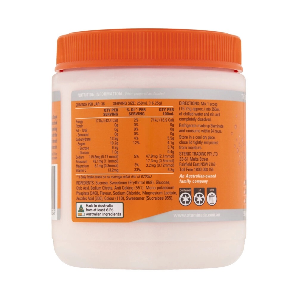 Đường thể thao vị cam hỗ trợ tăng năng lượng Staminade Hydrate Orange Reduced Sugar 25% Powder của Úc 585g - Image 2