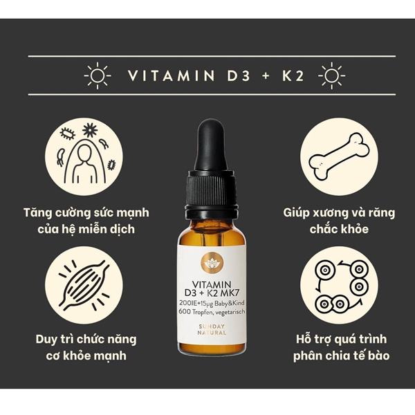 Vitamin hỗ trợ tăng chiều cao, chống còi xương cho bé Sunday Natural Vitamin D3 K2 MK7 200IE của Đức 20ml - Image 3