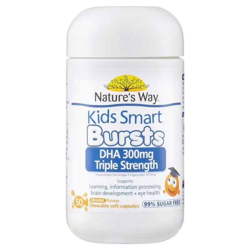 Viên nhai bổ sung DHA cho bé Nature’s Way Kids Smart Bursts DHA 300mg Triple Strength của Úc 50 viên