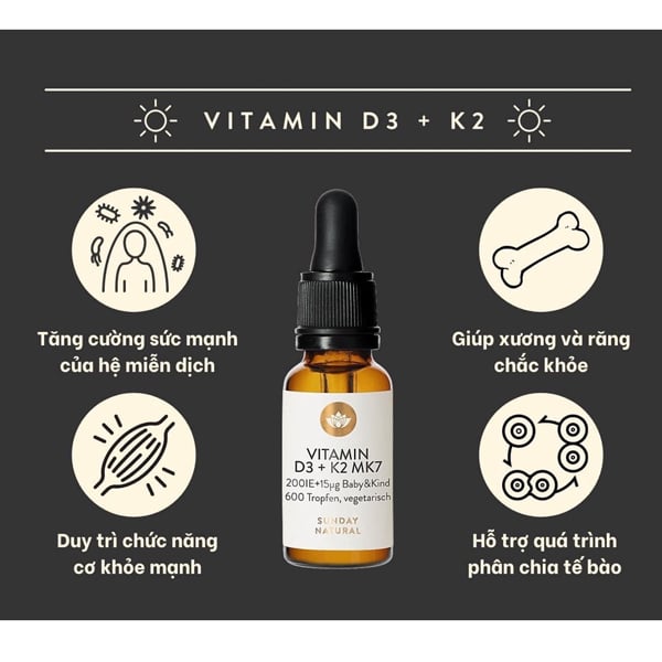 Vitamin hỗ trợ tăng chiều cao, chống còi xương cho bé Sunday Natural Vitamin D3 K2 MK7 200IE của Đức 20ml - Image 3