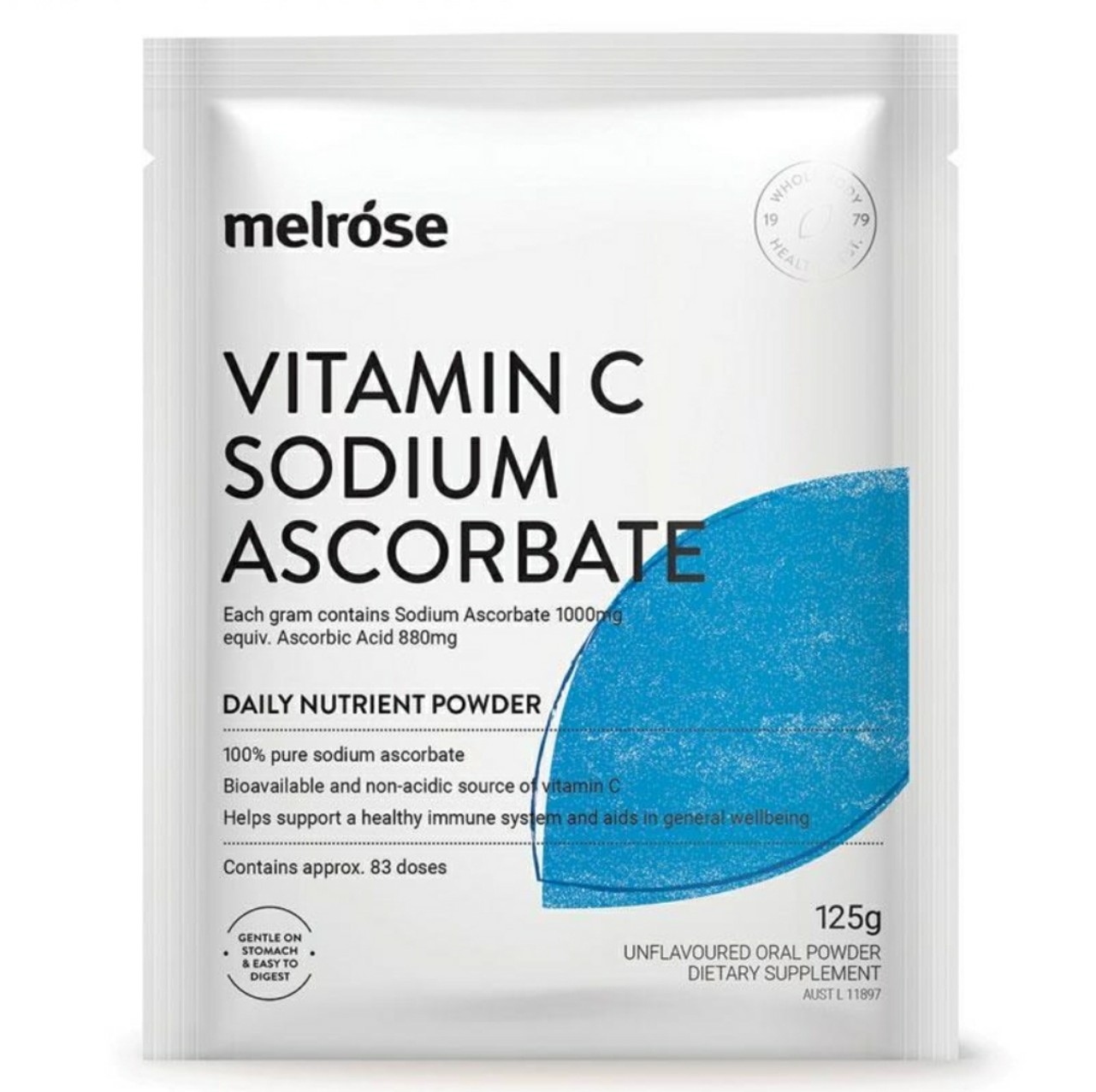 Bột vitamin C nguyên chất có muối sodium Melrose Vitamin C Sodium Ascorbate của Úc gói 125g